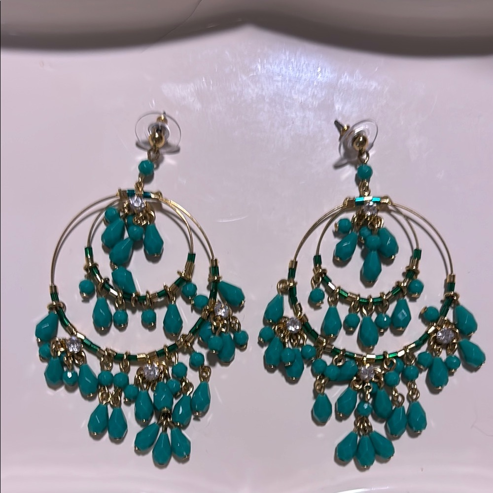 Gold & Teal Bohemian Chandelier Earrings W/ Scattered Rhinestones. 4 Inches Long
